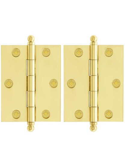 Premium Solid Brass Ball-Tip Cabinet Hinges Pair - 2 1/2 inch by 2 inch in Polished Brass.